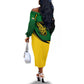 Comoros Off The Shoulder Long Sleeve Dress - Green Black Yellow Swirl Design and National Emblem Pattern