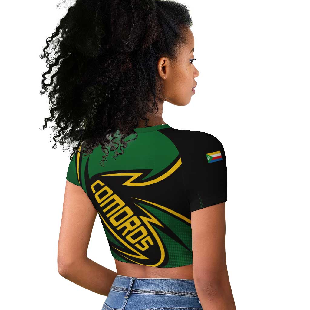 Comoros Raglan Cropped T shirt - Green Black Yellow Swirl Design and National Emblem Pattern