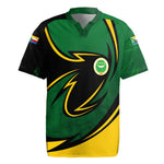 Comoros Rugby Jersey - Green Black Yellow Swirl Design and National Emblem Pattern