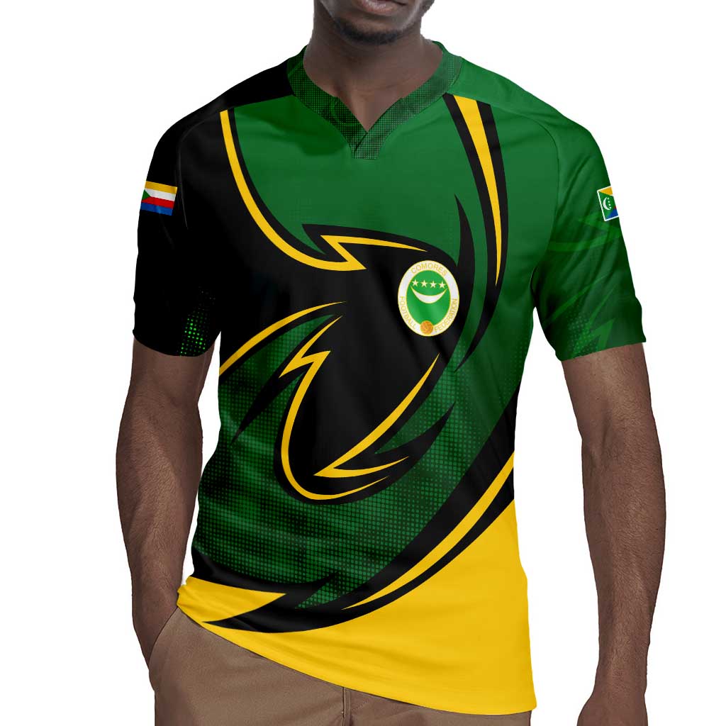 Comoros Rugby Jersey - Green Black Yellow Swirl Design and National Emblem Pattern