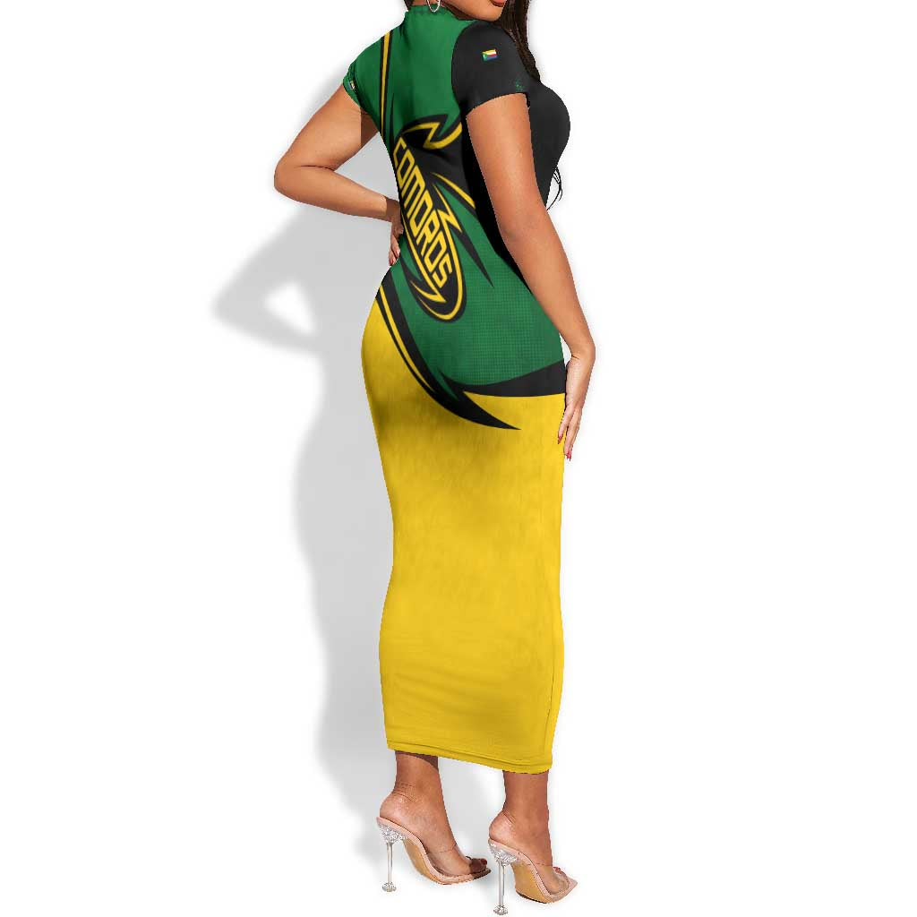 Comoros Short Sleeve Bodycon Dress - Green Black Yellow Swirl Design and National Emblem Pattern TS04