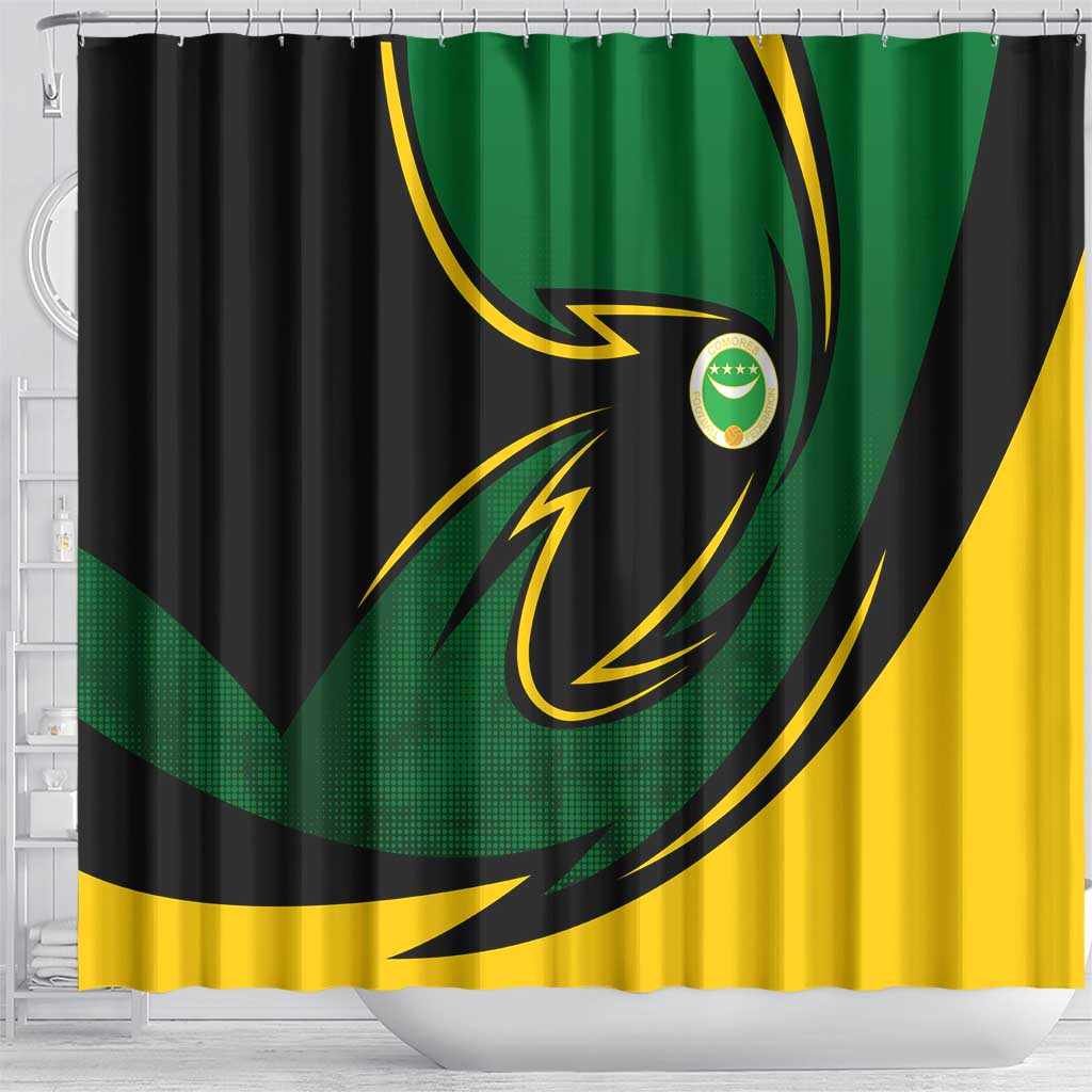 Comoros Shower Curtain - Green Black Yellow Swirl Design and National Emblem Pattern