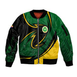 Comoros Sleeve Zip Bomber Jacket - Green Black Yellow Swirl Design and National Emblem Pattern