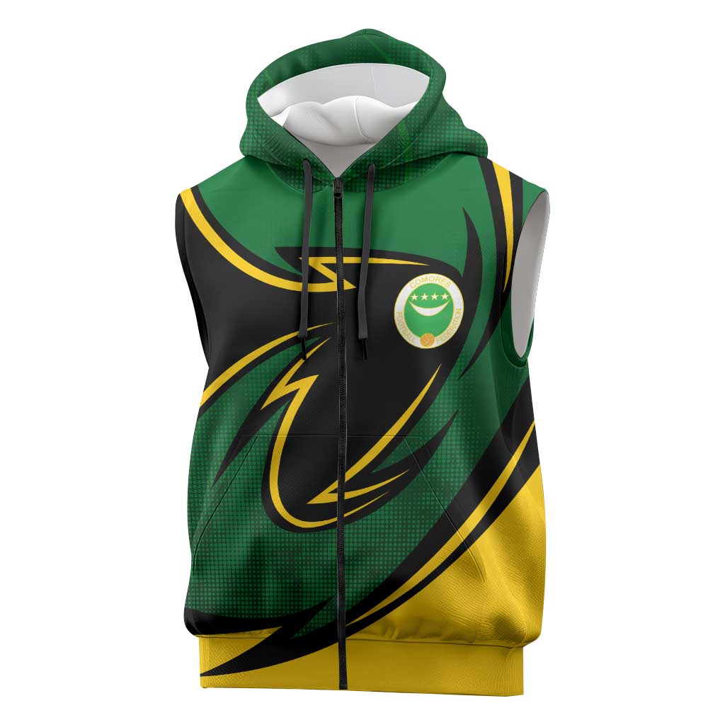 Comoros Sleeveless Zip Hoodie - Green Black Yellow Swirl Design and National Emblem Pattern - African Pride