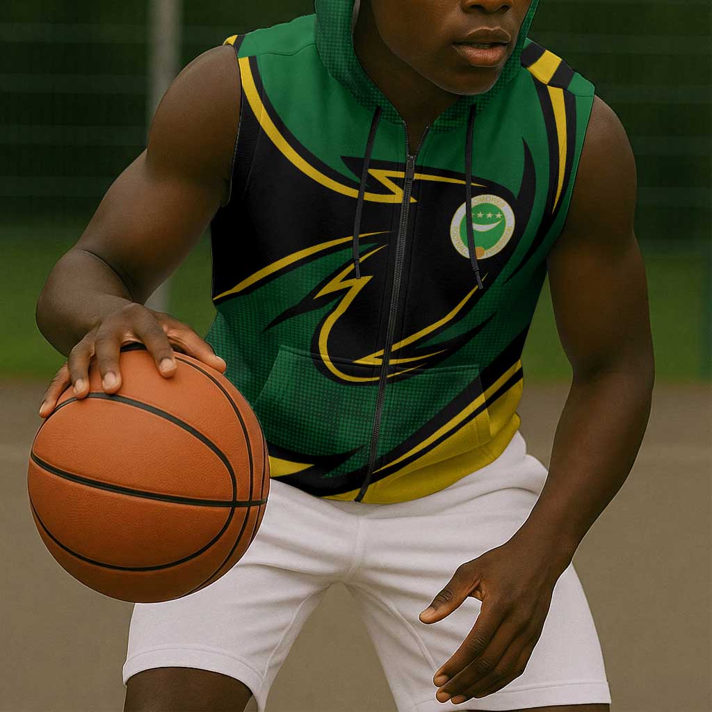 Comoros Sleeveless Zip Hoodie - Green Black Yellow Swirl Design and National Emblem Pattern - African Pride