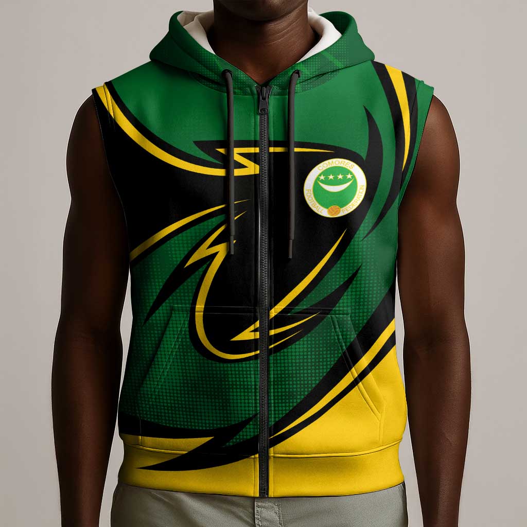 Comoros Sleeveless Zip Hoodie - Green Black Yellow Swirl Design and National Emblem Pattern - African Pride