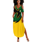 Comoros Summer Maxi Dress - Green Black Yellow Swirl Design and National Emblem Pattern