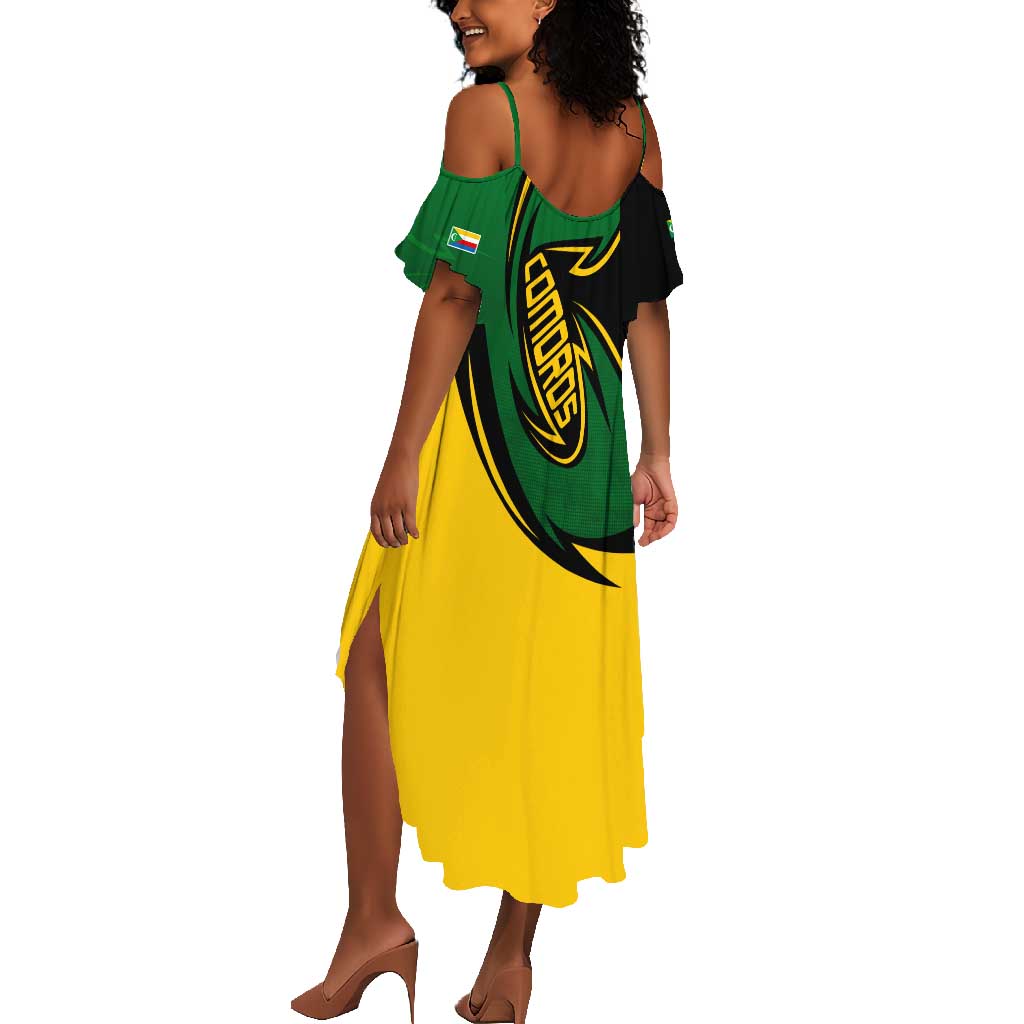 Comoros Summer Maxi Dress - Green Black Yellow Swirl Design and National Emblem Pattern