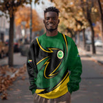 Comoros Sweatshirt - Green Black Yellow Swirl Design and National Emblem Pattern