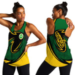 Comoros Women Racerback Tank - Green Black Yellow Swirl Design and National Emblem Pattern