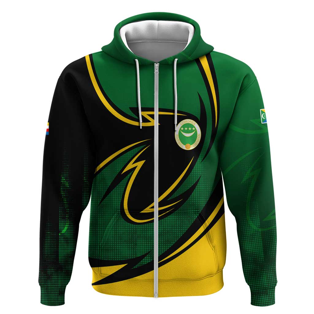 Comoros Zip Hoodie - Green Black Yellow Swirl Design and National Emblem Pattern