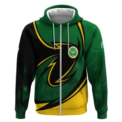 Comoros Zip Hoodie - Green Black Yellow Swirl Design and National Emblem Pattern