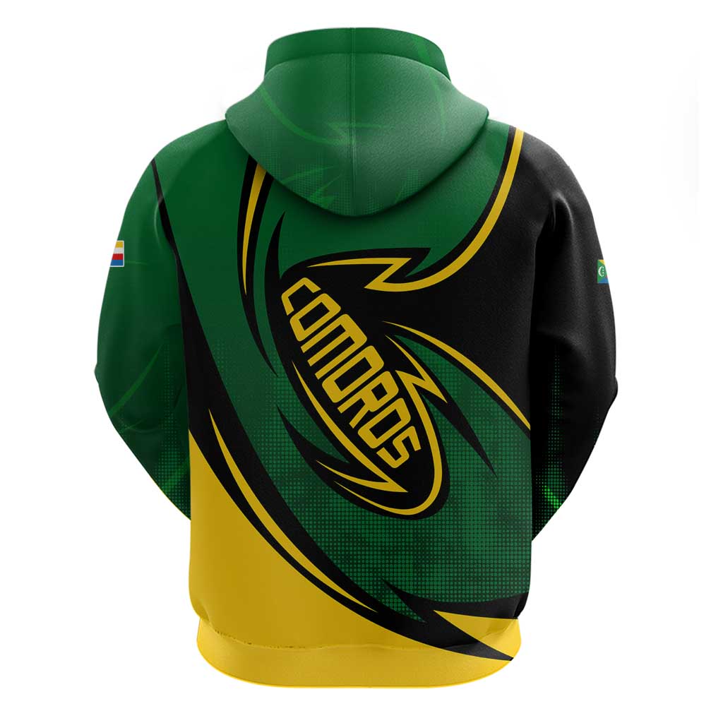 Comoros Zip Hoodie - Green Black Yellow Swirl Design and National Emblem Pattern
