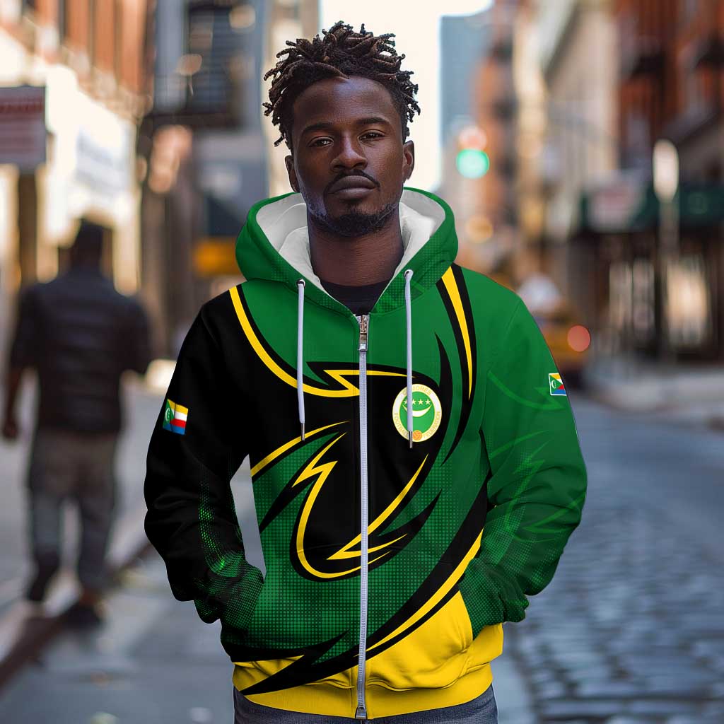Comoros Zip Hoodie - Green Black Yellow Swirl Design and National Emblem Pattern