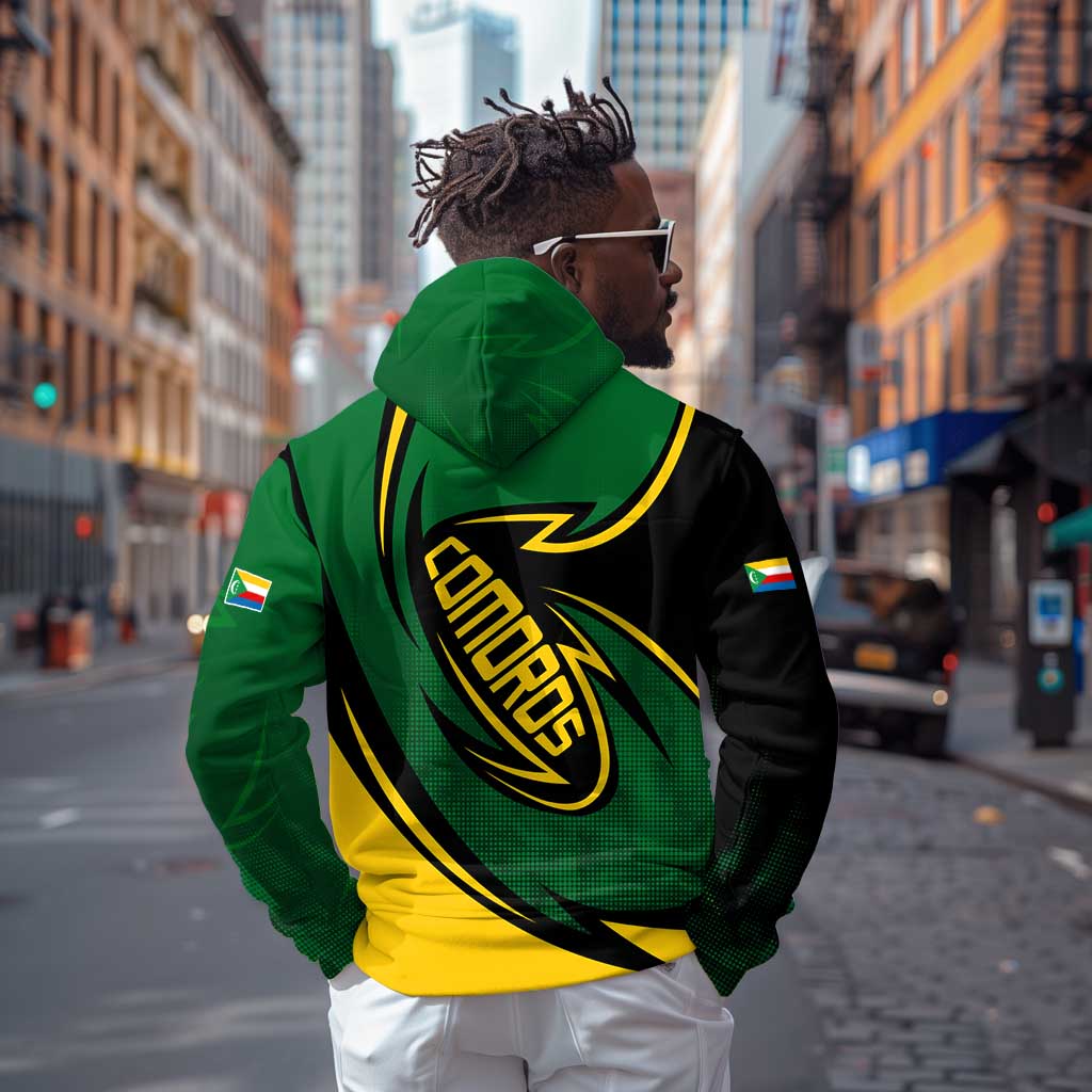 Comoros Zip Hoodie - Green Black Yellow Swirl Design and National Emblem Pattern