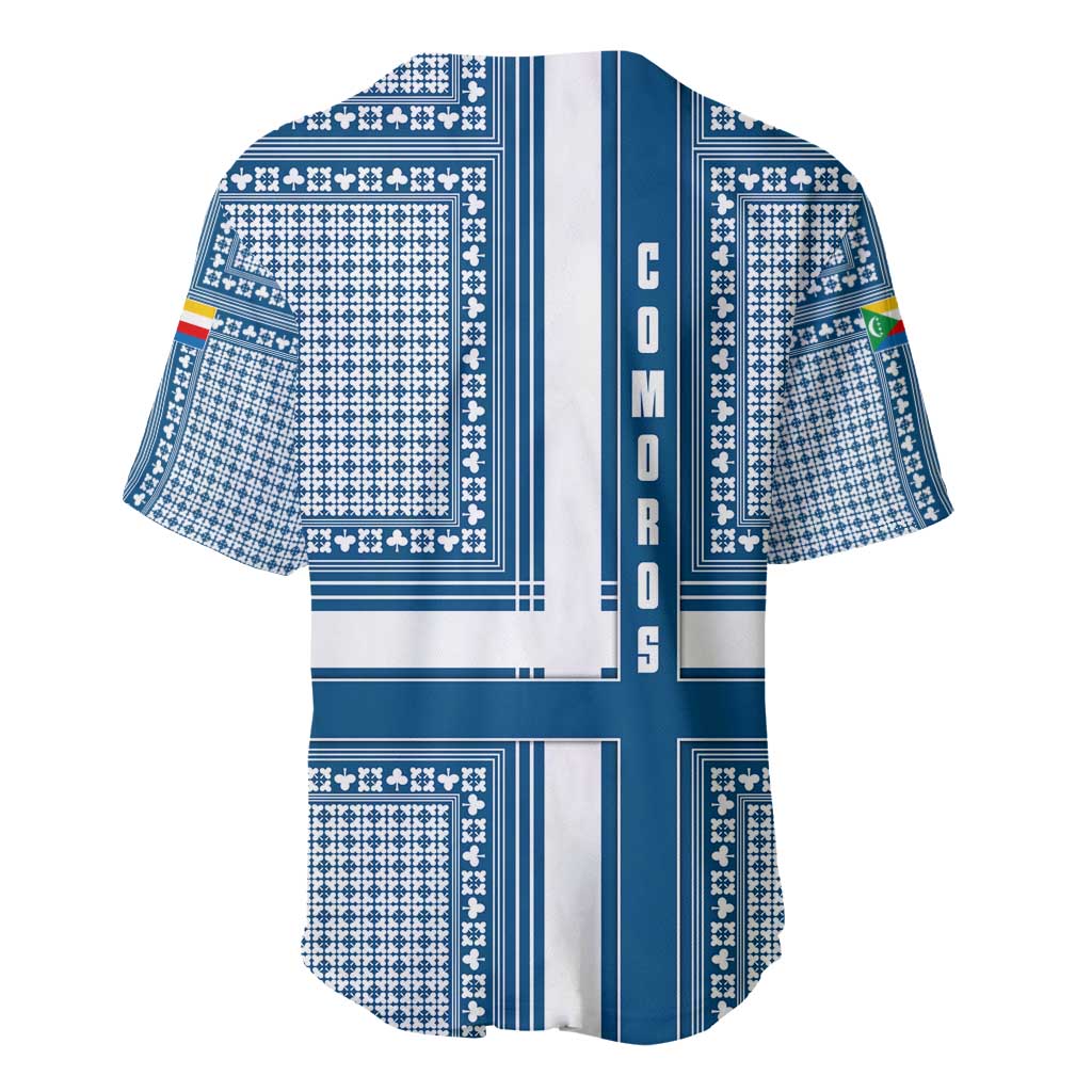 Comoros Baseball Jersey - Blue and White Traditional Geometric Pattern and National Flag Detail