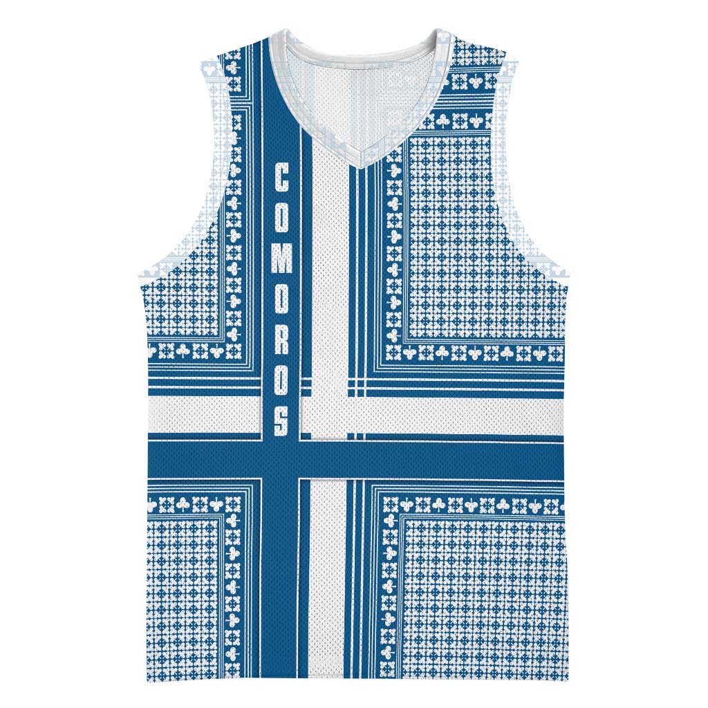 Comoros Basketball Jersey - Blue and White Traditional Geometric Pattern and National Flag Detail TS04