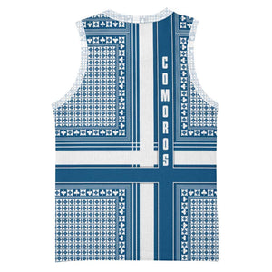 Comoros Basketball Jersey - Blue and White Traditional Geometric Pattern and National Flag Detail TS04