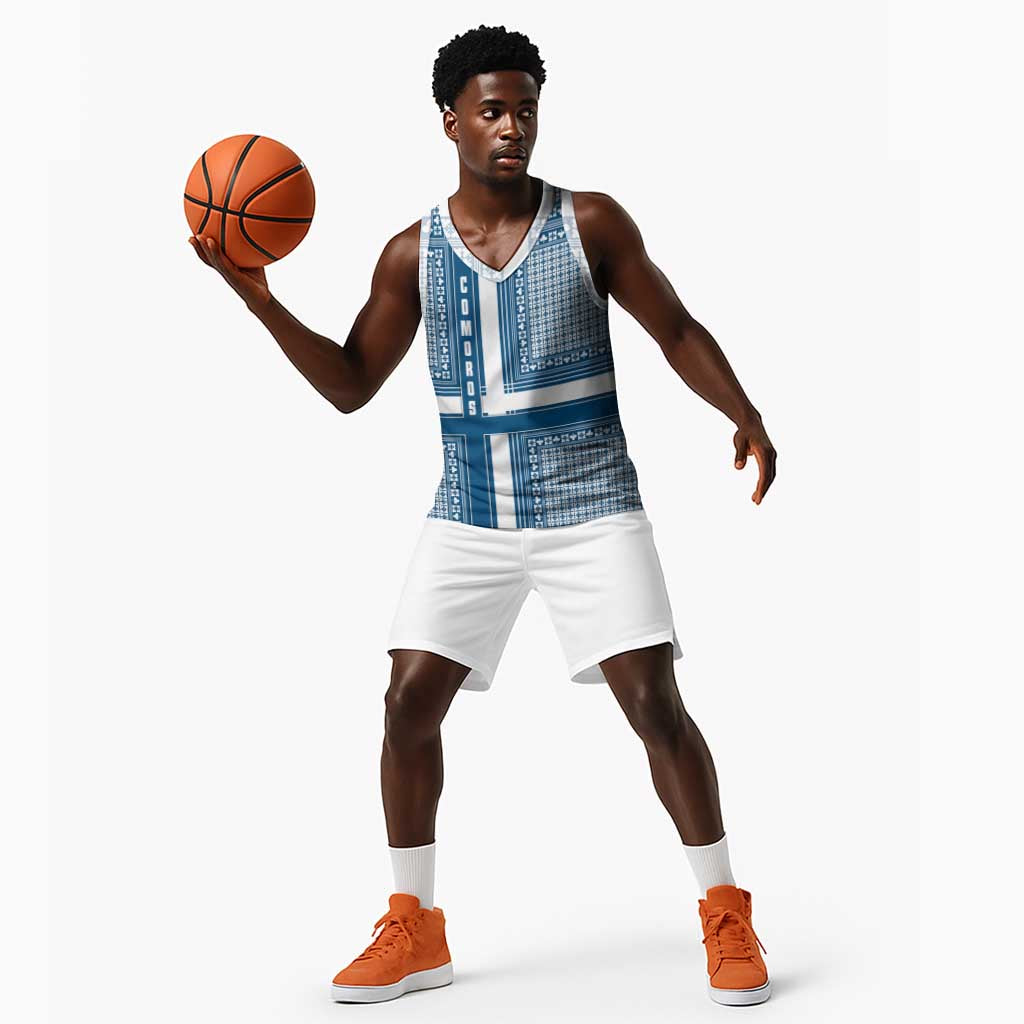 Comoros Basketball Jersey - Blue and White Traditional Geometric Pattern and National Flag Detail TS04