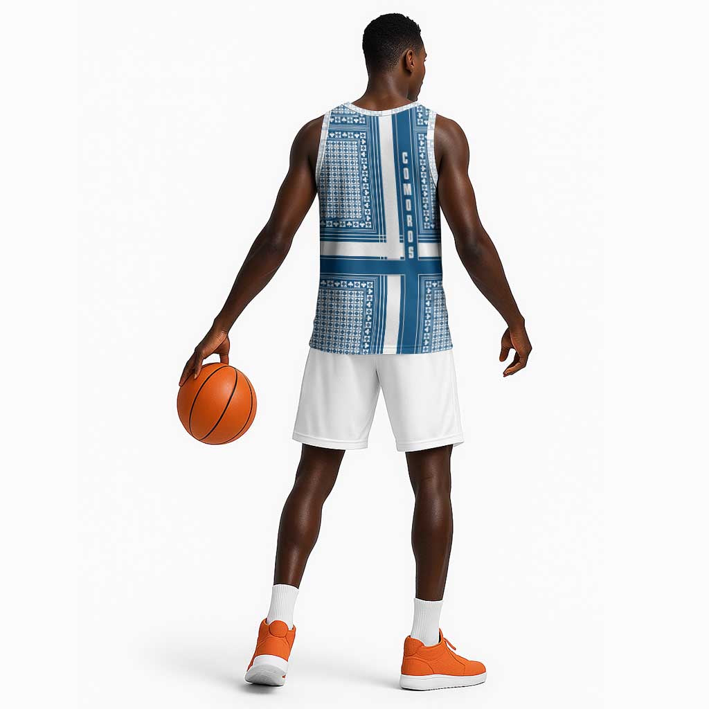 Comoros Basketball Jersey - Blue and White Traditional Geometric Pattern and National Flag Detail TS04