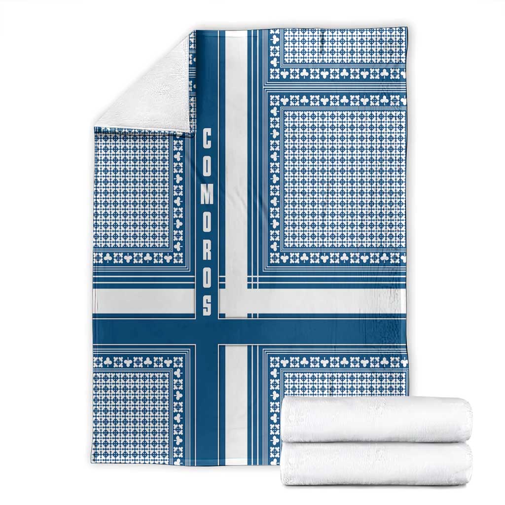 Comoros Blanket - Blue and White Traditional Geometric Pattern and National Flag Detail