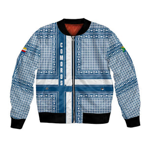 Comoros Bomber Jacket - Blue and White Traditional Geometric Pattern and National Flag Detail