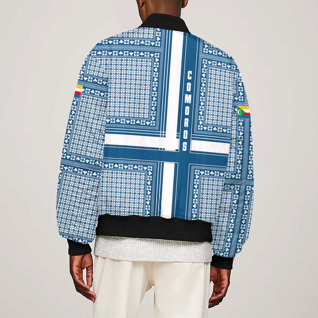 Comoros Bomber Jacket - Blue and White Traditional Geometric Pattern and National Flag Detail