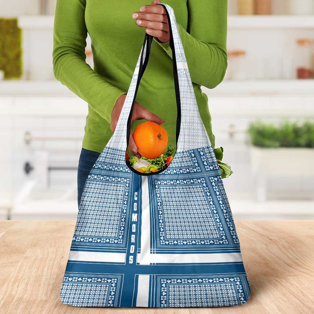 Comoros Grocery Bag - Blue and White Traditional Geometric Pattern and National Flag Detail