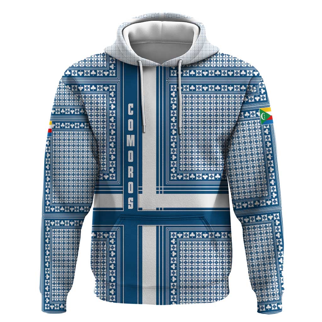 Comoros Hoodie - Blue and White Traditional Geometric Pattern and National Flag Detail
