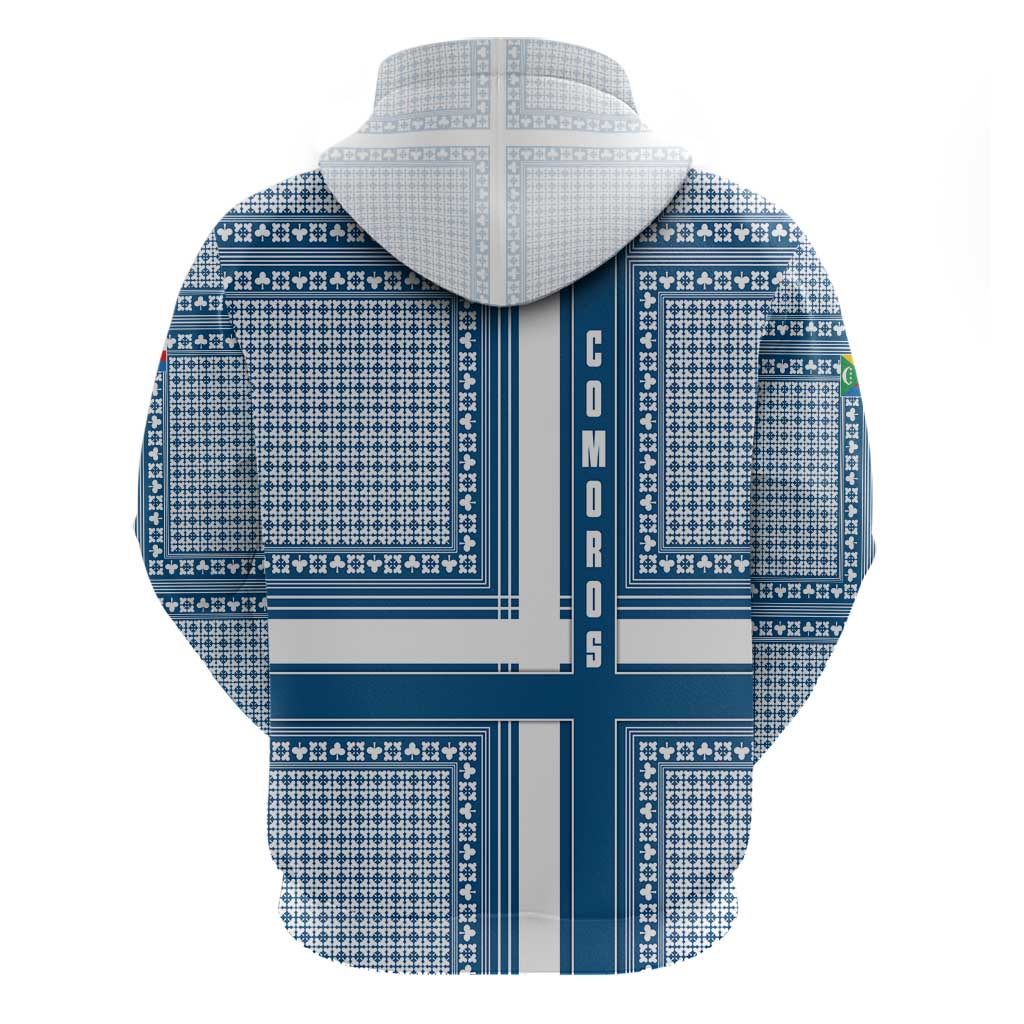 Comoros Hoodie - Blue and White Traditional Geometric Pattern and National Flag Detail