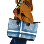 Comoros Leather Tote Bag - Blue and White Traditional Geometric Pattern and National Flag Detail