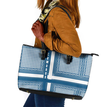 Comoros Leather Tote Bag - Blue and White Traditional Geometric Pattern and National Flag Detail