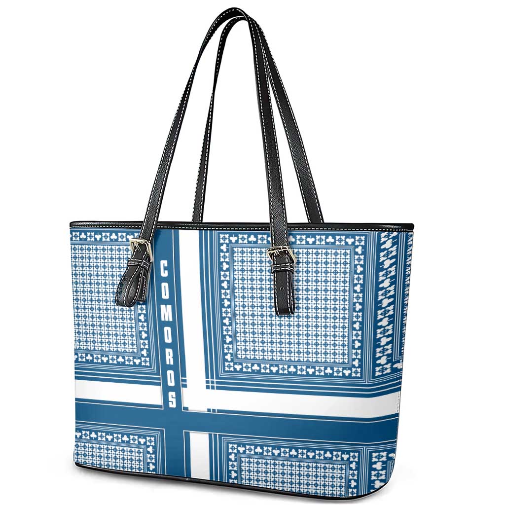 Comoros Leather Tote Bag - Blue and White Traditional Geometric Pattern and National Flag Detail