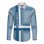 Comoros Long Sleeve Button Shirt - Blue and White Traditional Geometric Pattern and National Flag Detail