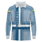 Comoros Long Sleeve Polo Shirt - Blue and White Traditional Geometric Pattern and National Flag Detail