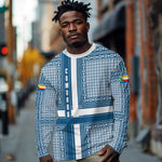 Comoros Long Sleeve Shirt - Blue and White Traditional Geometric Pattern and National Flag Detail