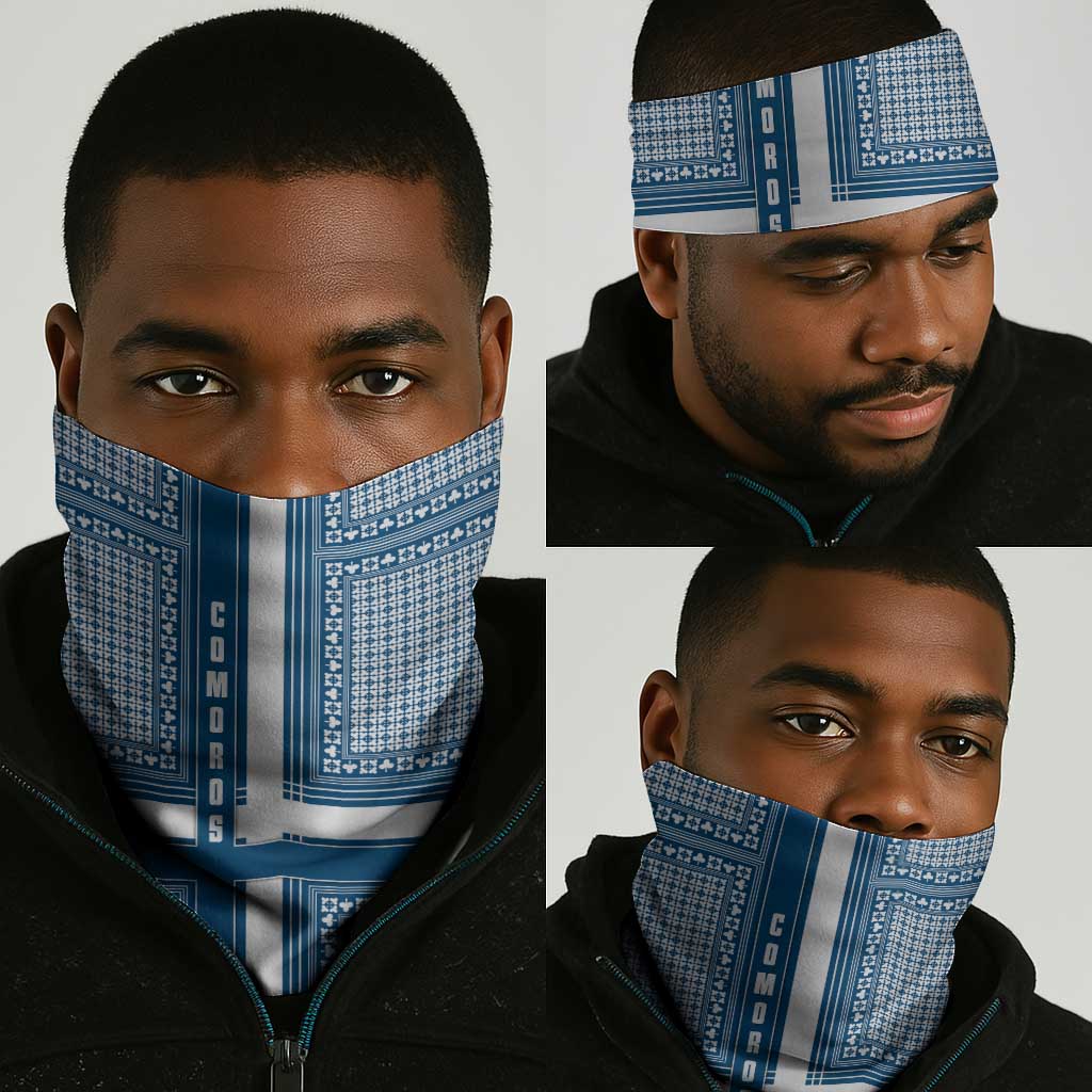 Comoros Neck Gaiter - Blue and White Traditional Geometric Pattern and National Flag Detail TS04