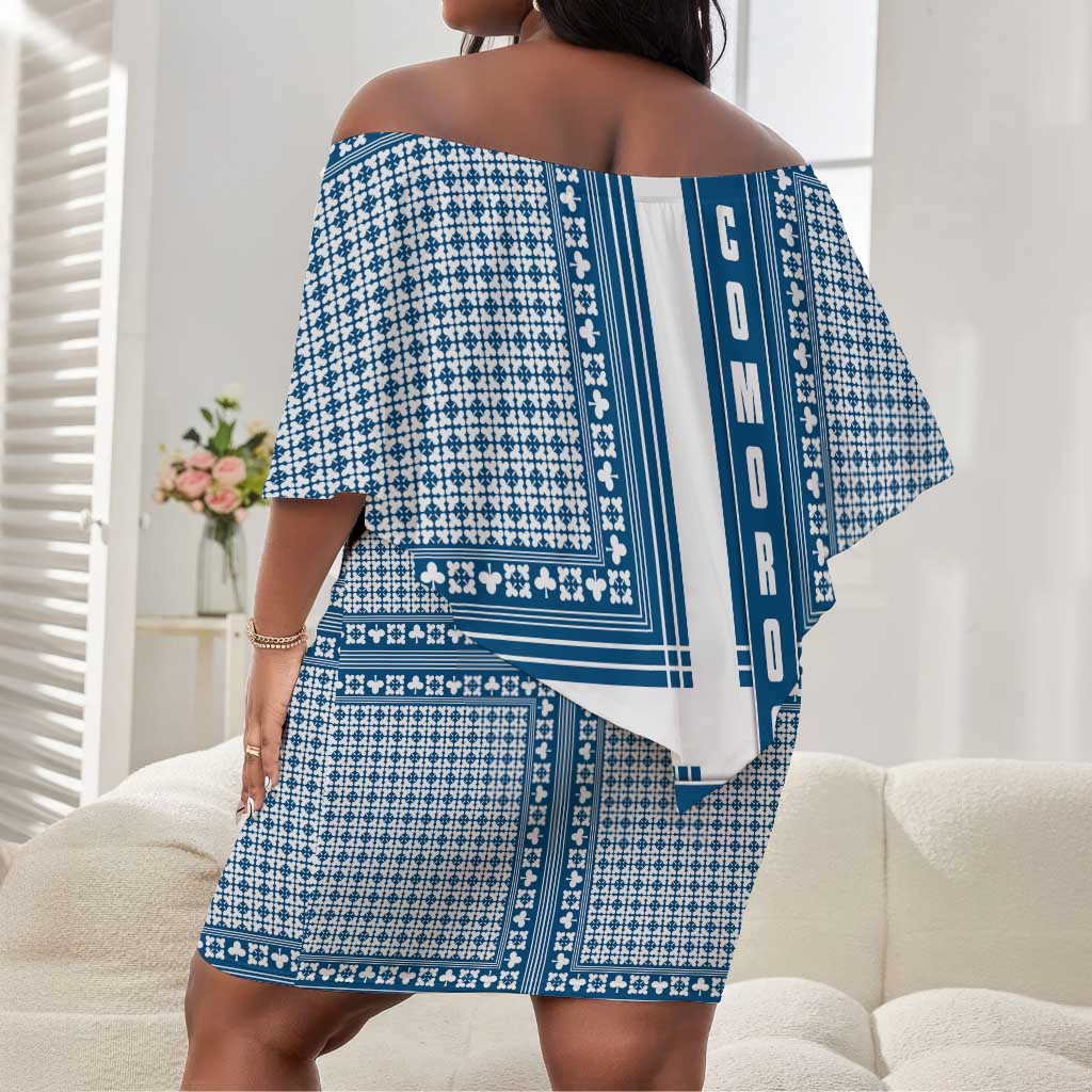 Comoros Off Shoulder Short Dress - Blue and White Traditional Geometric Pattern and National Flag Detail