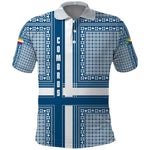 Comoros Polo Shirt - Blue and White Traditional Geometric Pattern and National Flag Detail