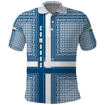 Comoros Polo Shirt - Blue and White Traditional Geometric Pattern and National Flag Detail