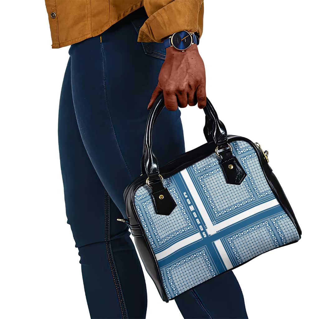 Comoros Shoulder Handbag - Blue and White Traditional Geometric Pattern and National Flag Detail
