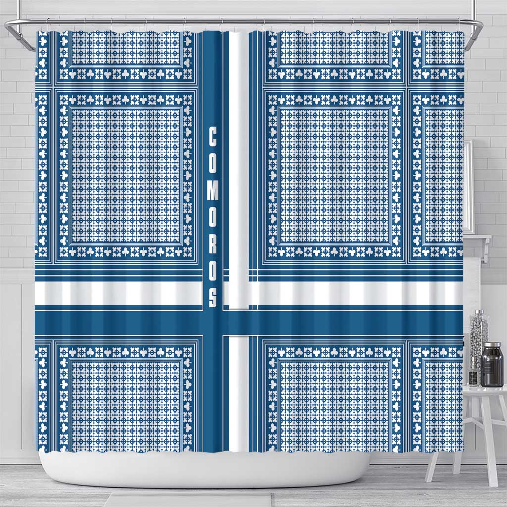 Comoros Shower Curtain - Blue and White Traditional Geometric Pattern and National Flag Detail