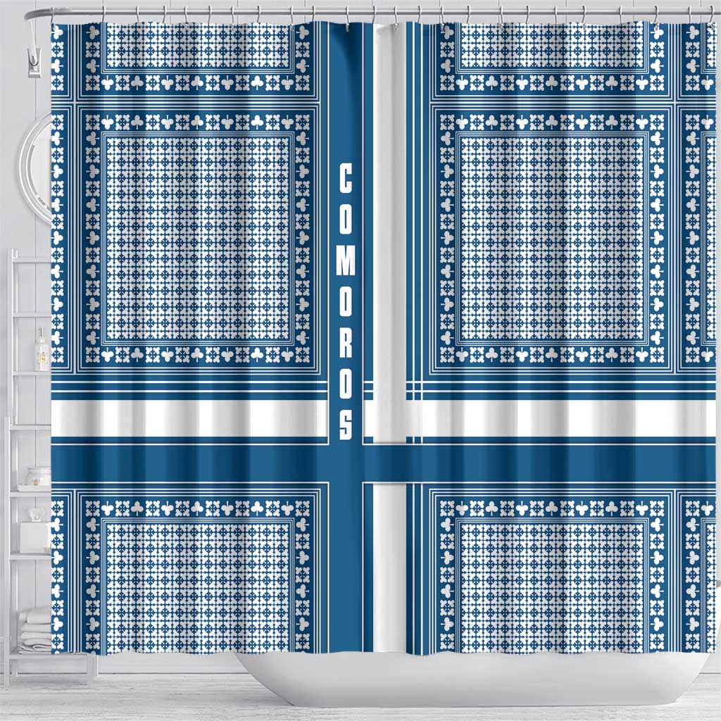 Comoros Shower Curtain - Blue and White Traditional Geometric Pattern and National Flag Detail