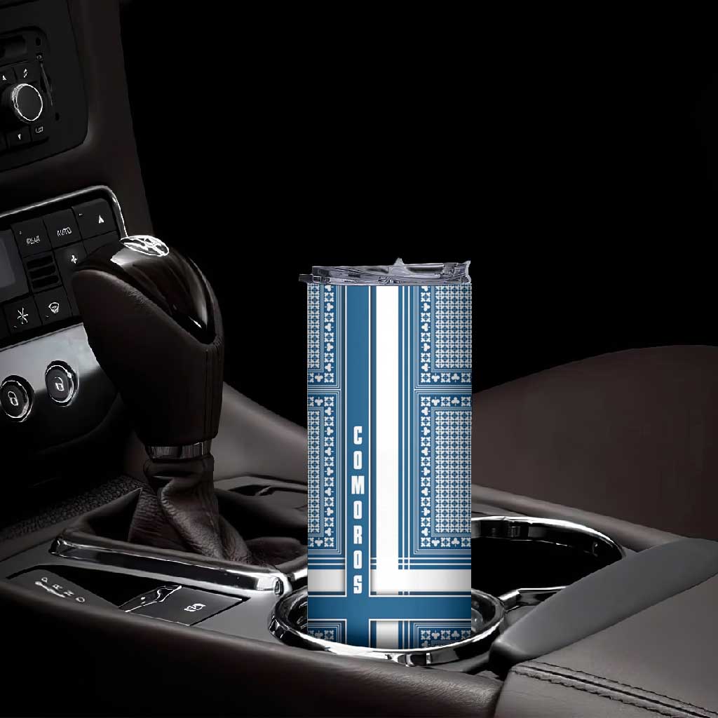 Comoros Skinny Tumbler - Blue and White Traditional Geometric Pattern and National Flag Detail