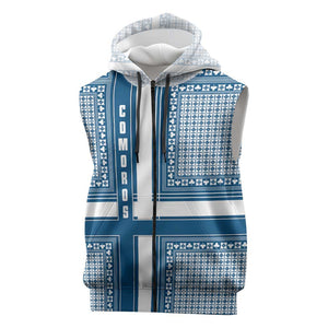 Comoros Sleeveless Zip Hoodie - Blue and White Traditional Geometric Pattern and National Flag Detail - African Pride