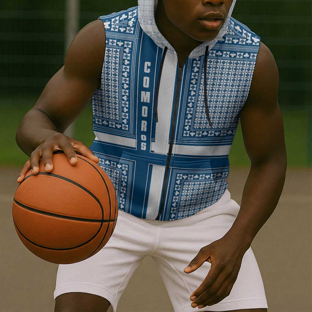 Comoros Sleeveless Zip Hoodie - Blue and White Traditional Geometric Pattern and National Flag Detail - African Pride
