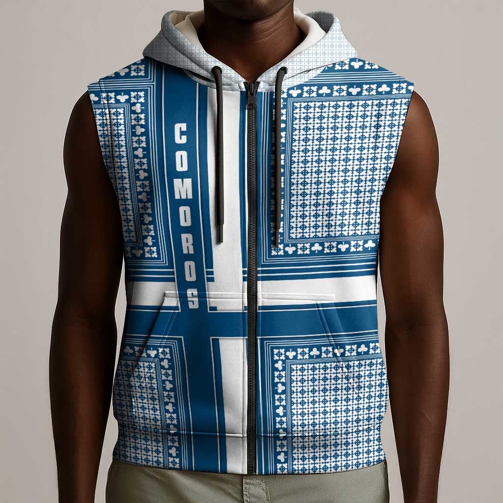 Comoros Sleeveless Zip Hoodie - Blue and White Traditional Geometric Pattern and National Flag Detail - African Pride