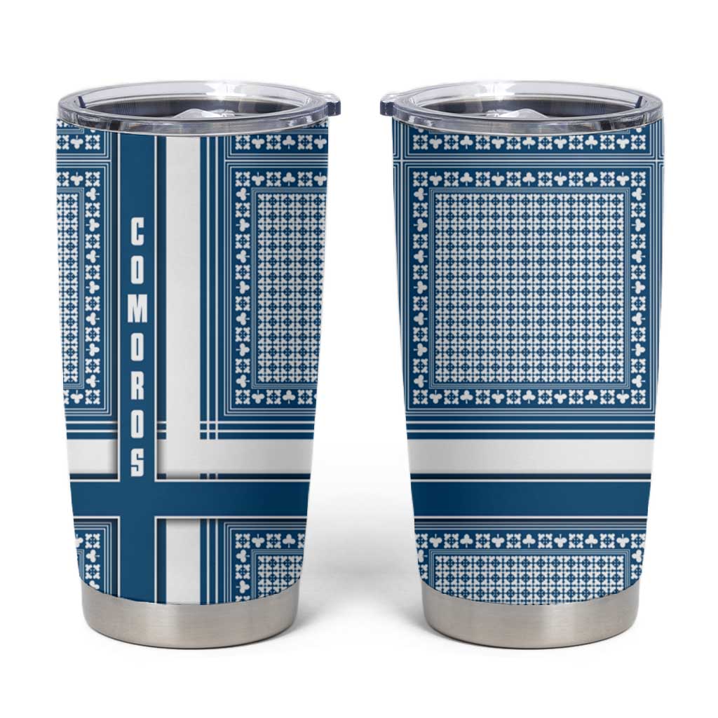 Comoros Tumbler Cup - Blue and White Traditional Geometric Pattern and National Flag Detail