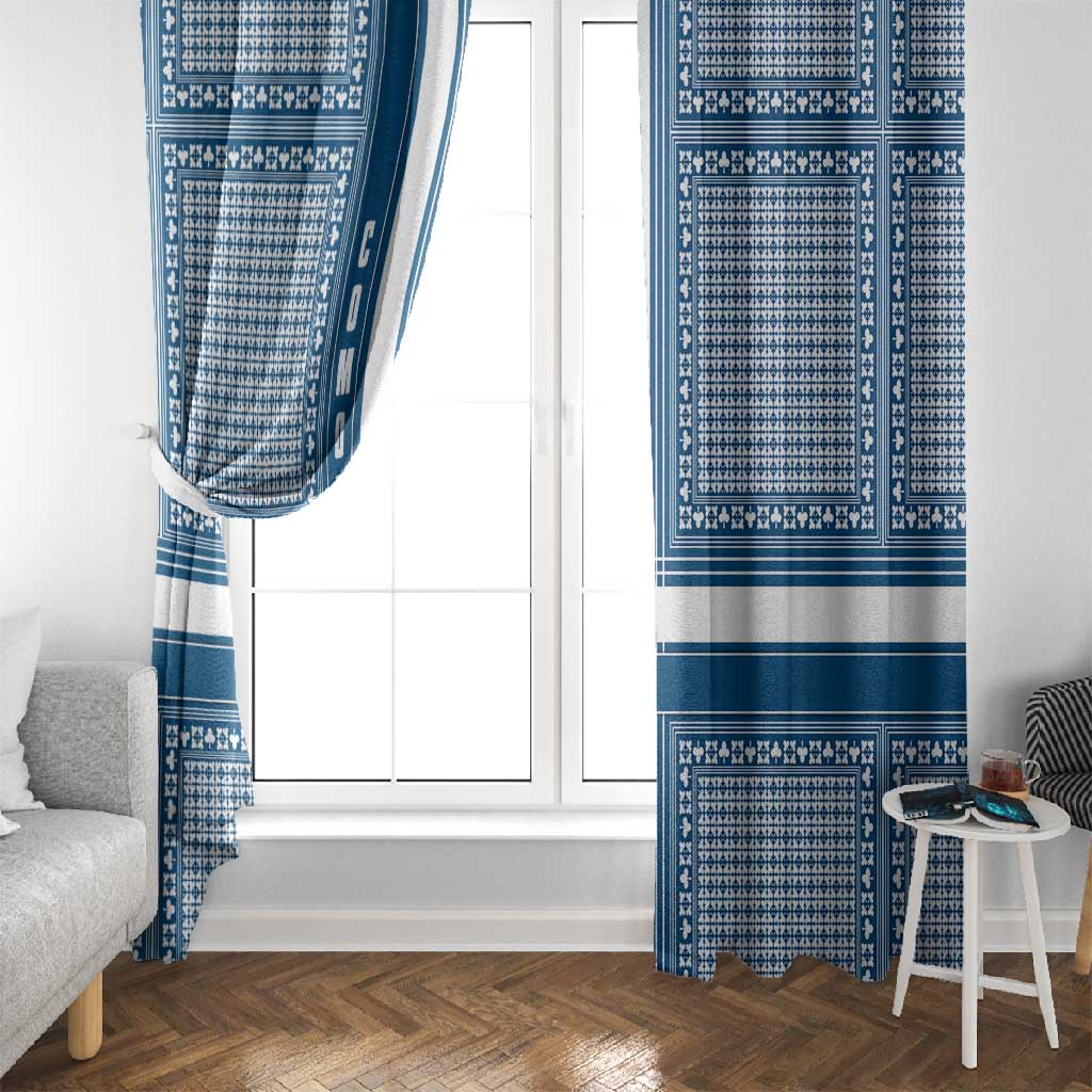 Comoros Window Curtain - Blue and White Traditional Geometric Pattern and National Flag Detail