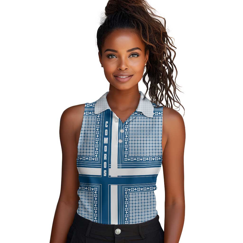 Comoros Women Sleeveless Polo Shirt - Blue and White Traditional Geometric Pattern and National Flag Detail